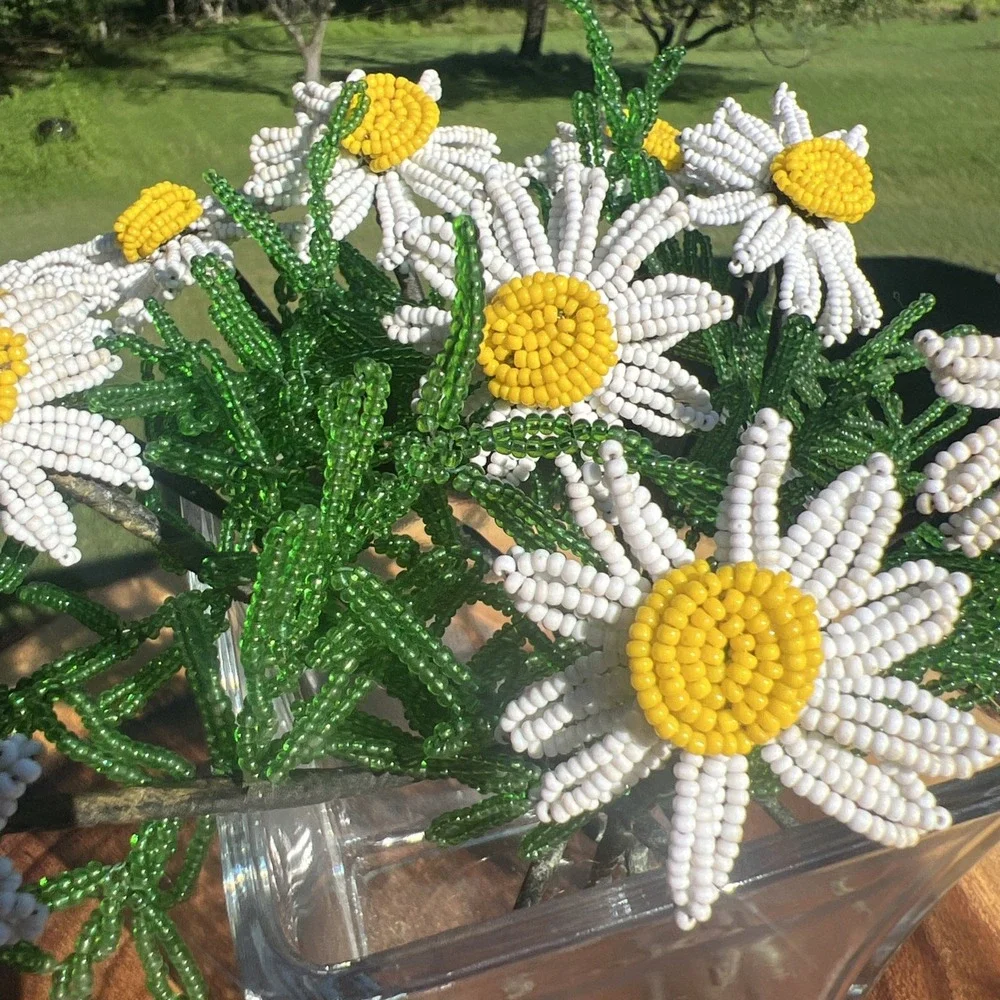 Vintage French Beaded Daisy Flowers 11 Stems Seed Bead Handmade Floral Decor